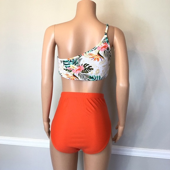 Shein Orange Floral One Shoulder High Waisted 2pc Bikini Set Size Large - Picture 4 of 10